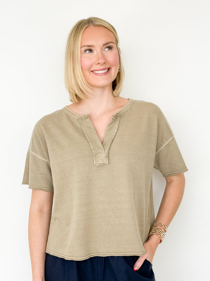 Monica - Washed Raw Edge Split Neck Tee