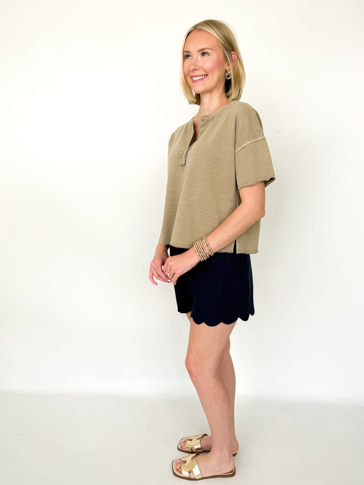 Monica - Washed Raw Edge Split Neck Tee