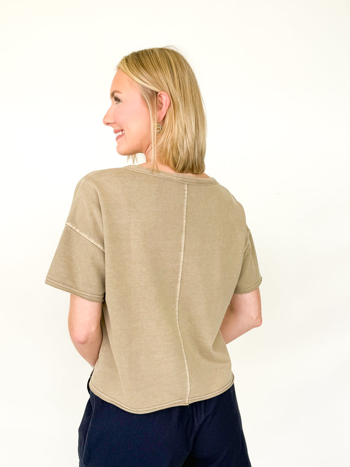 Monica - Washed Raw Edge Split Neck Tee