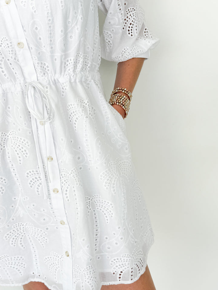 Ellis - White Eyelet Drawstring Dress