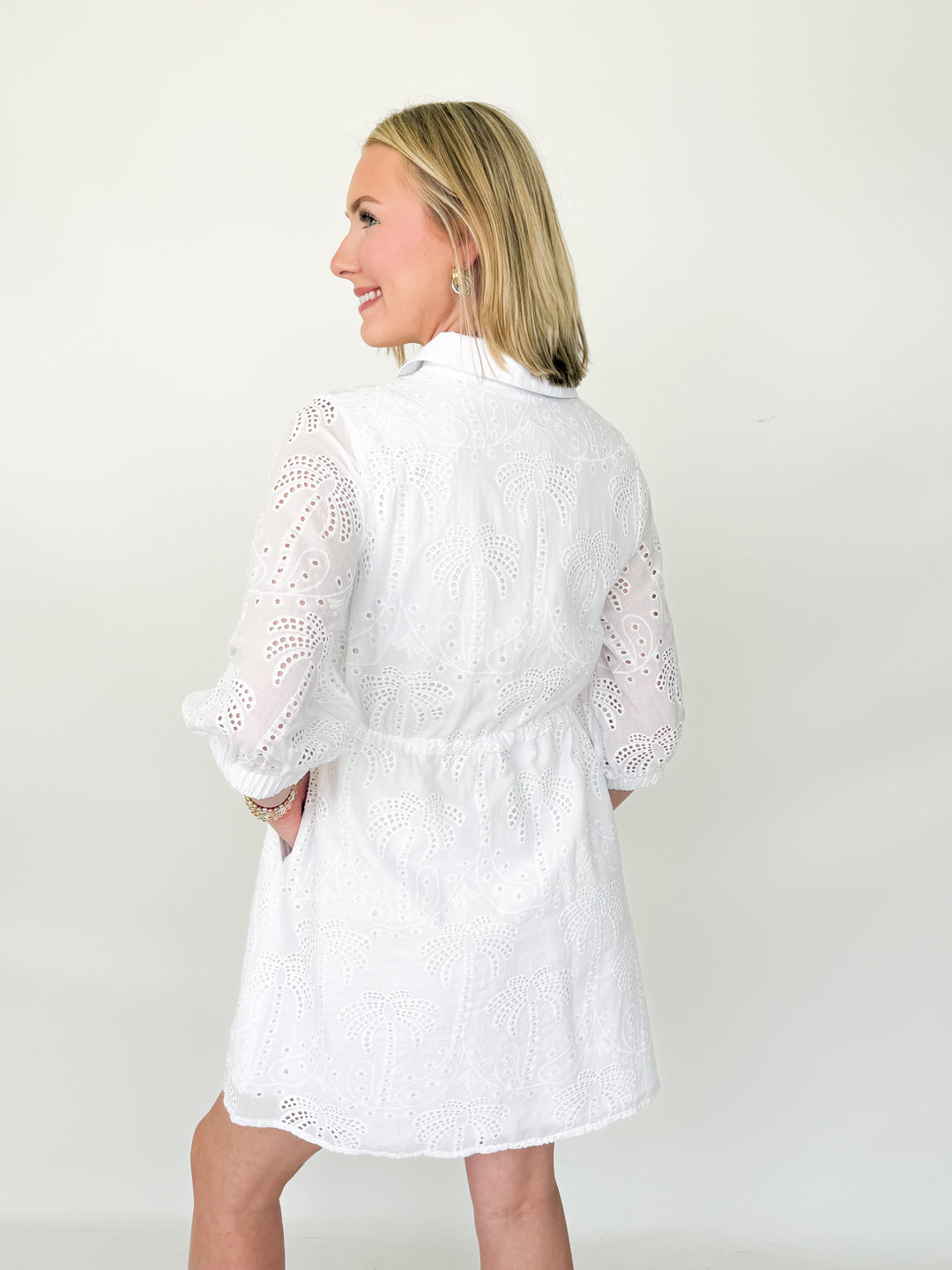 Ellis - White Eyelet Drawstring Dress