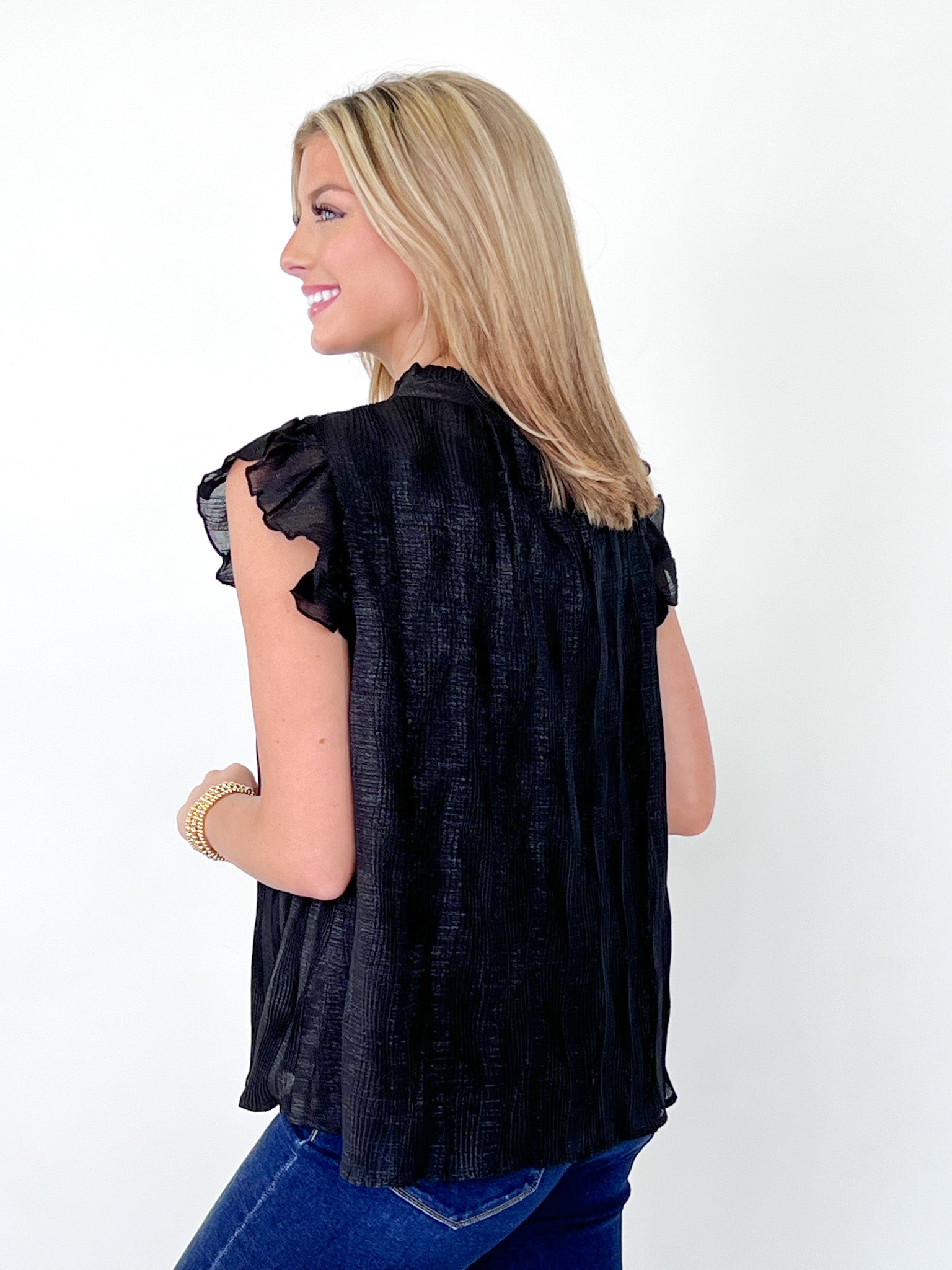 Mary - Black Ruffle Sleeve Metallic Top