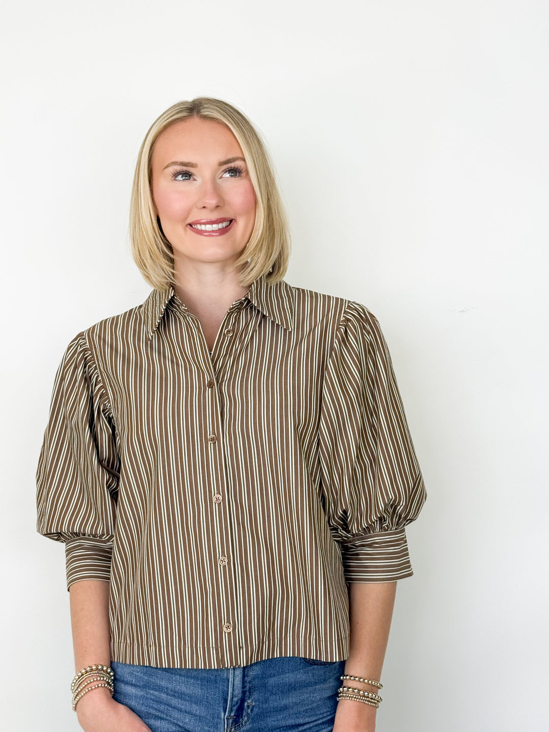 Cleo - Brown Striped Puff Sleeve Button Down Blouse