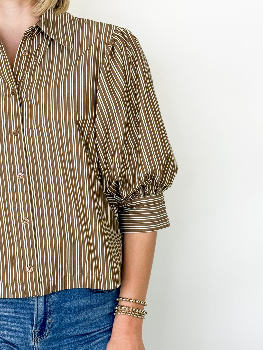 Cleo - Brown Striped Puff Sleeve Button Down Blouse