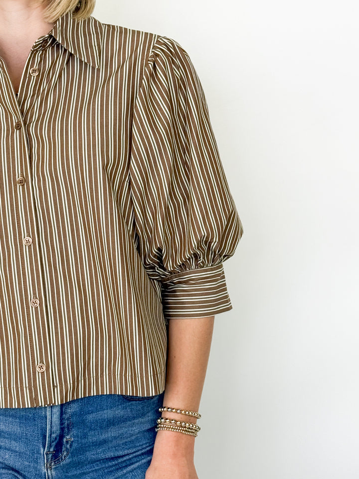 Cleo - Brown Striped Puff Sleeve Button Down Blouse