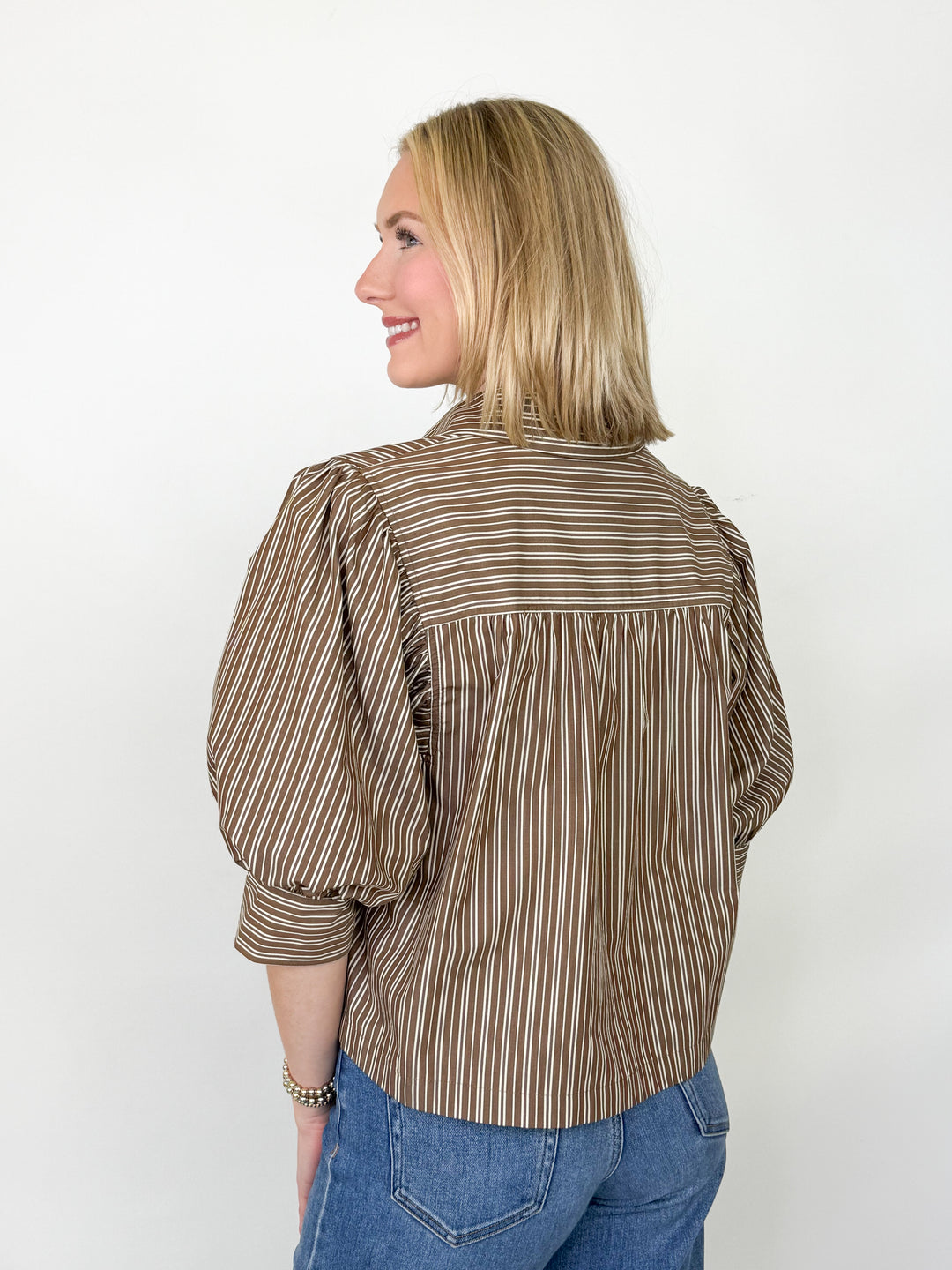 Cleo - Brown Striped Puff Sleeve Button Down Blouse