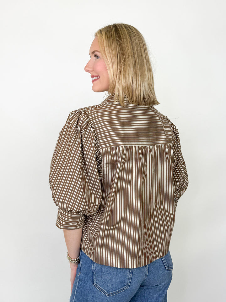 Cleo - Brown Striped Puff Sleeve Button Down Blouse