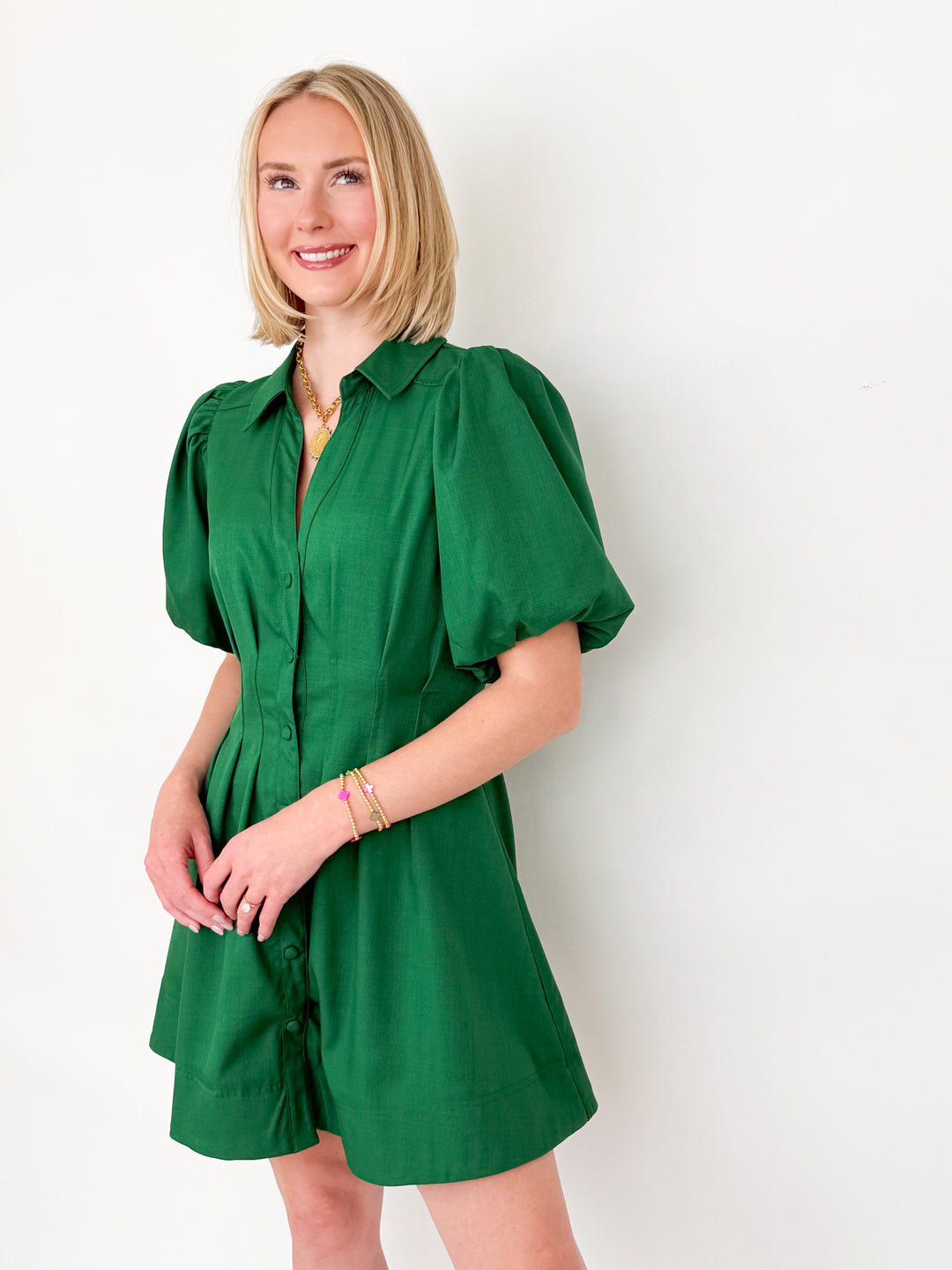 Kassidy - Emerald Green Bubble Sleeve Mini Dress