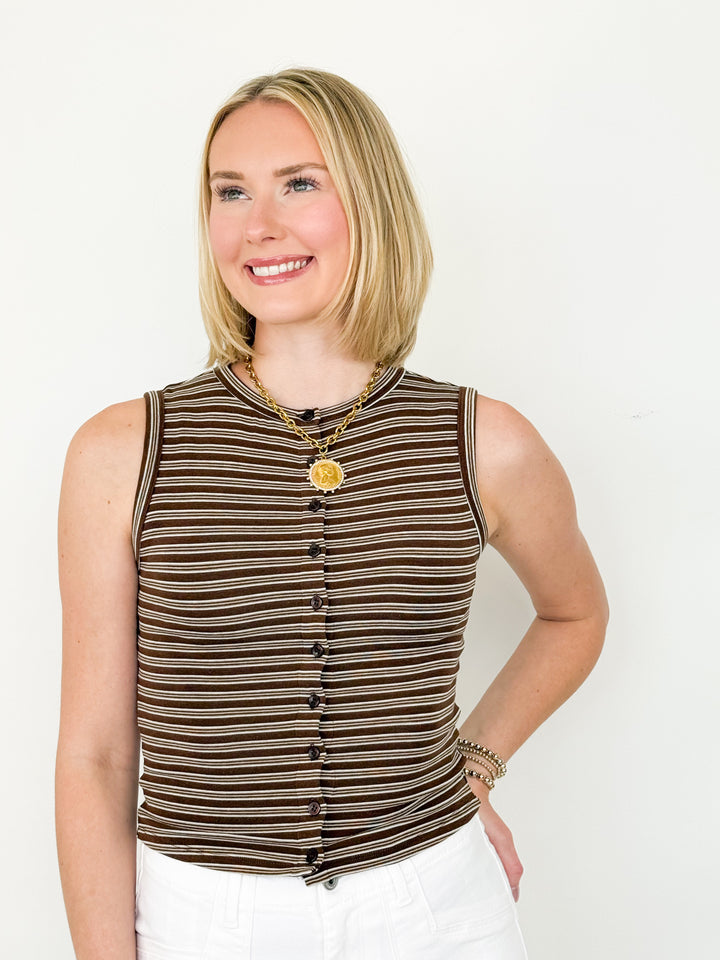 Ariana - Striped Button Front Top (Brown)