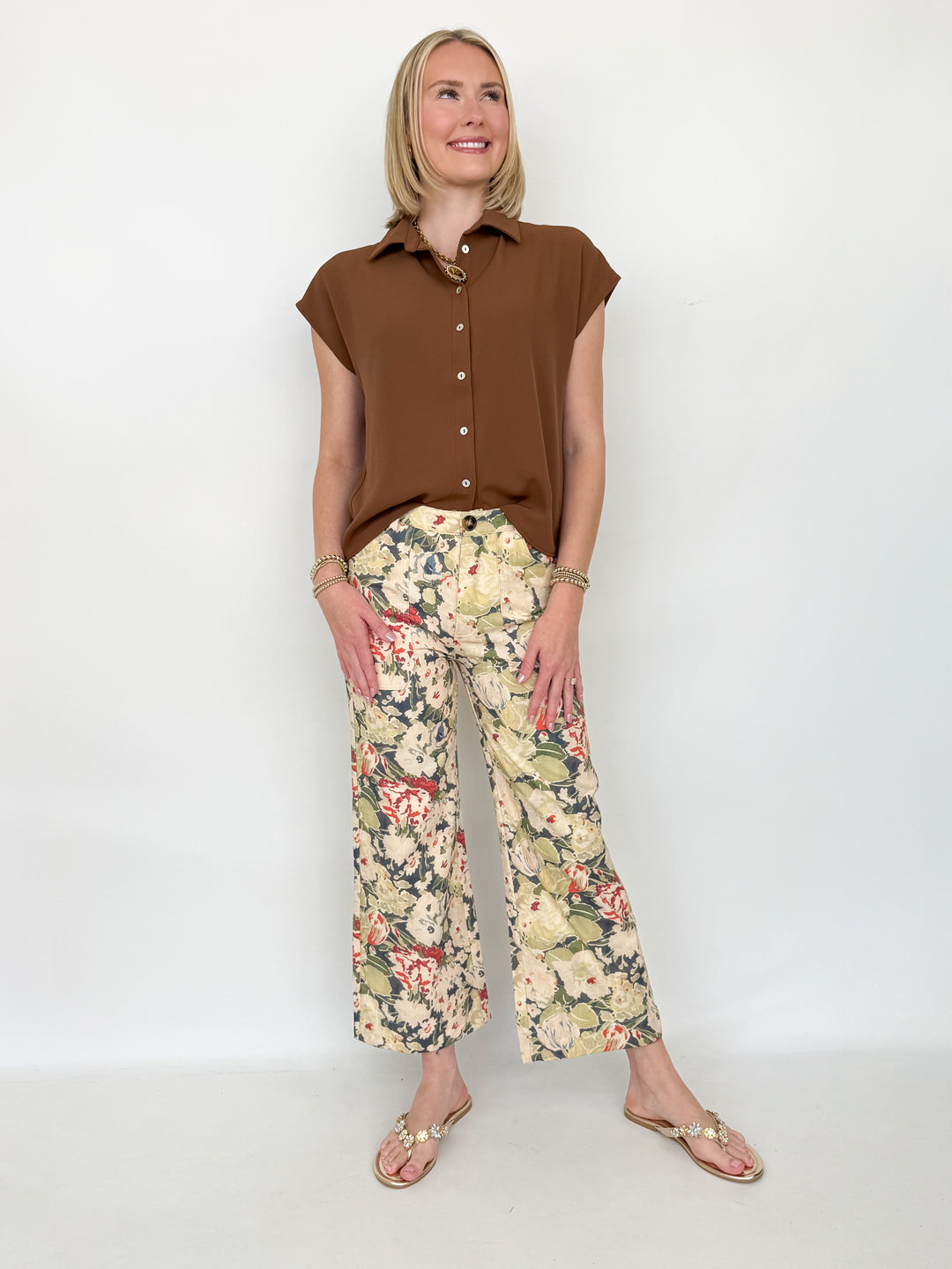 Clara - Button Down Cap Sleeve Blouse (Chocolate)