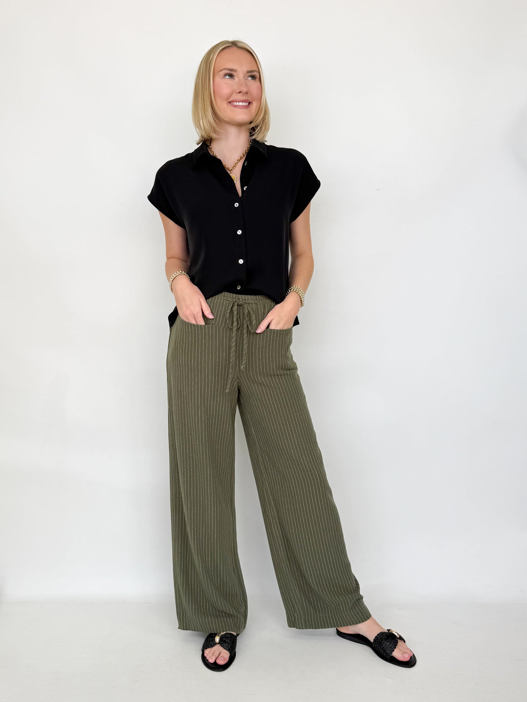 Blair - Olive Striped Drawstring Pants