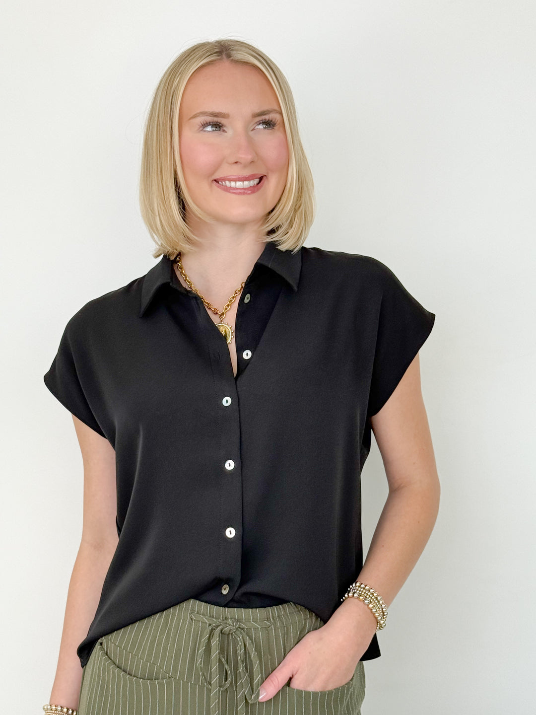 Clara - Button Down Cap Sleeve Blouse (Black)