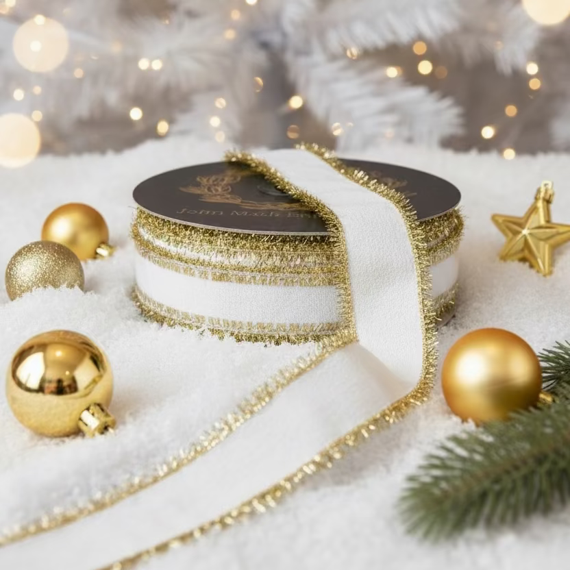 John Mark Enterprises - Velvet Metallic Tinsel White Ribbon