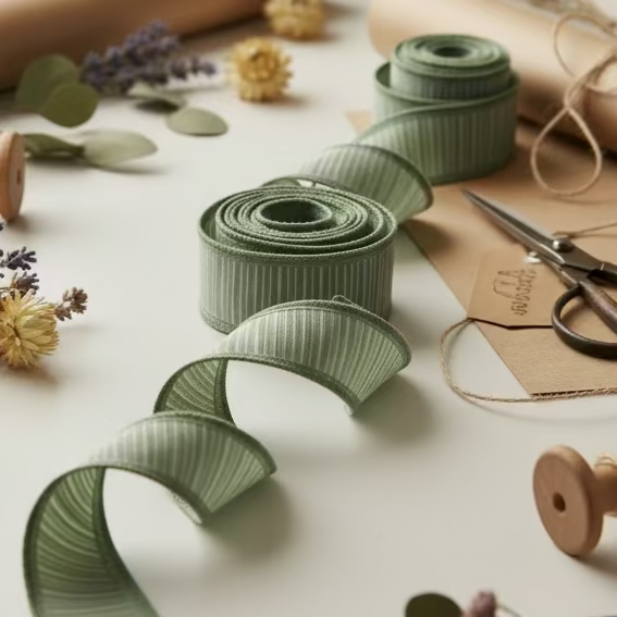 John Mark Enterprises - Mini Stripe Dupion Green Ribbon