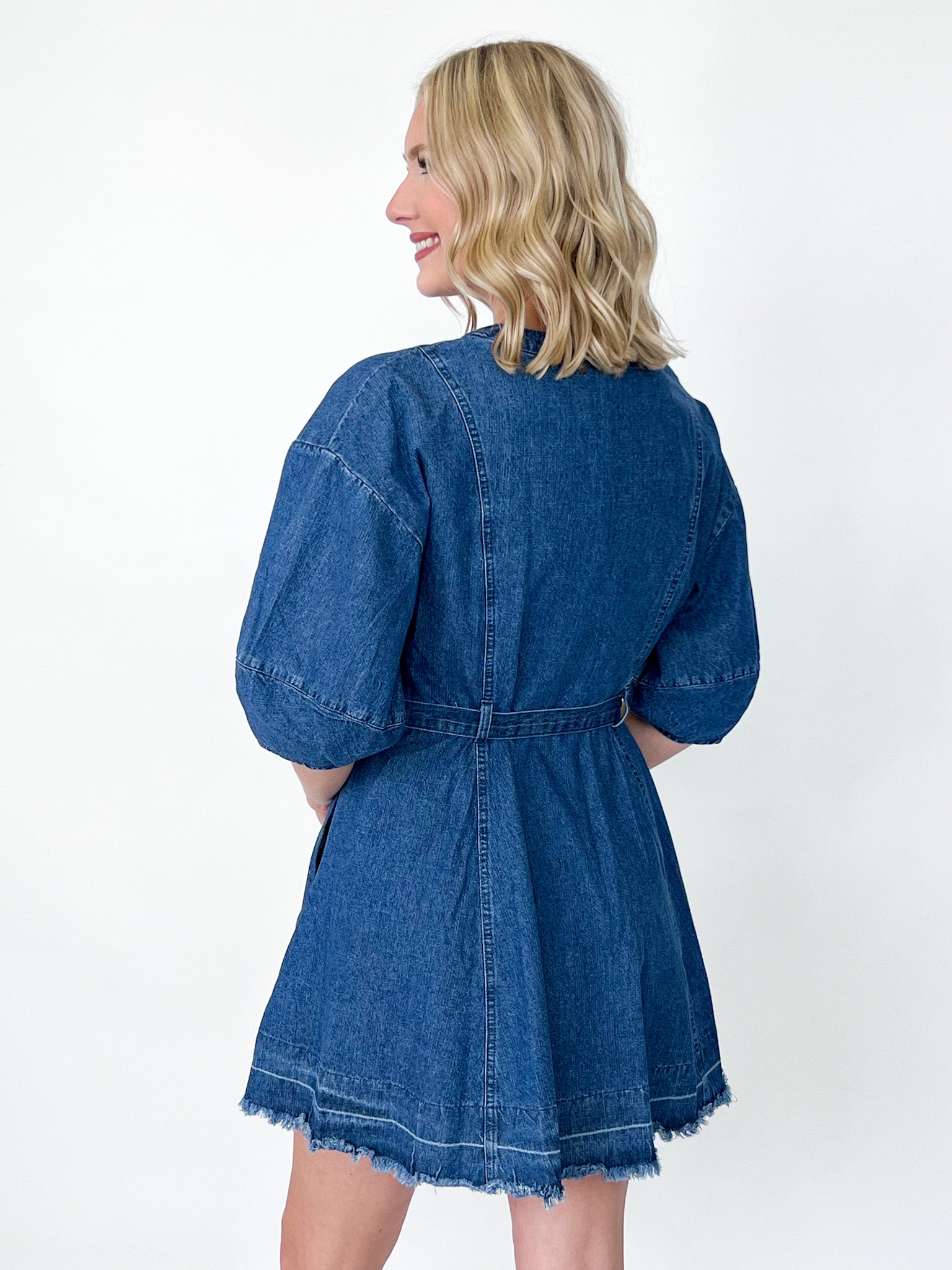 Noelle - V-Neck Waist Tie Denim Dress