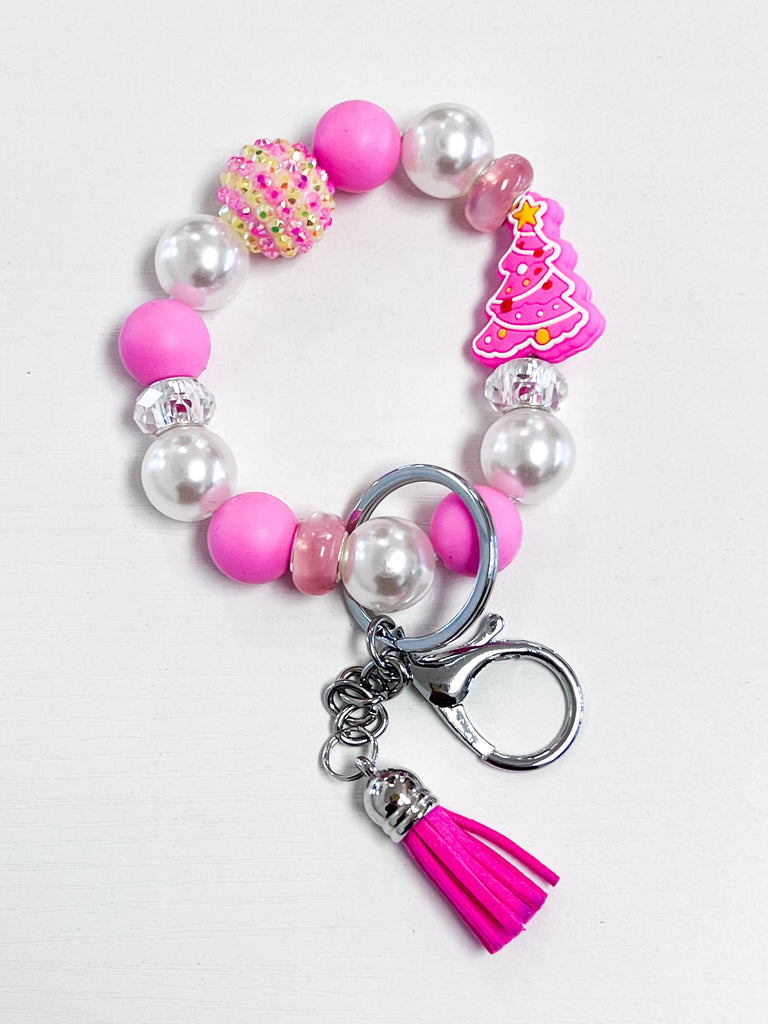 Beaded Wristlet Key Chain - Pink Christmas Tree