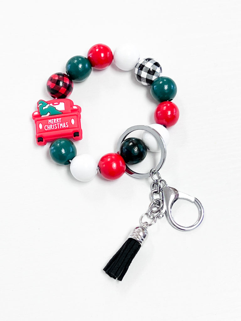 Beaded Wristlet Key Chain - Merry Christmas Red Truck