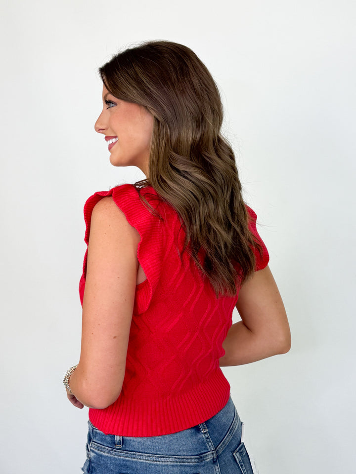 Sherri - Ruffle Sleeve Cable Knit Sweater (Red)