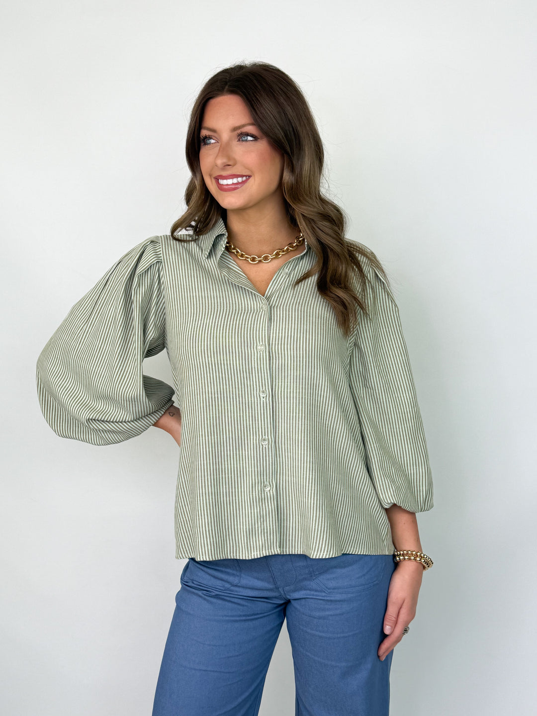 Carmen - Long Sleeve Striped Top (Mint)
