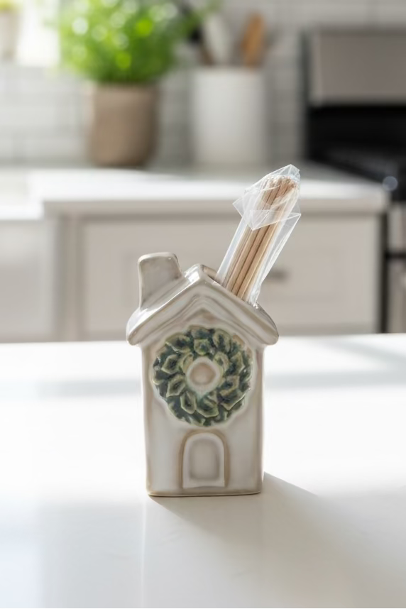 Ceramic Toothpick Holder - Green Wreath
