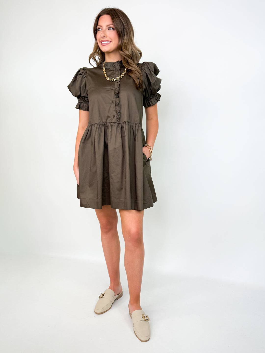 Kelly - Dark Olive Babydoll Dress