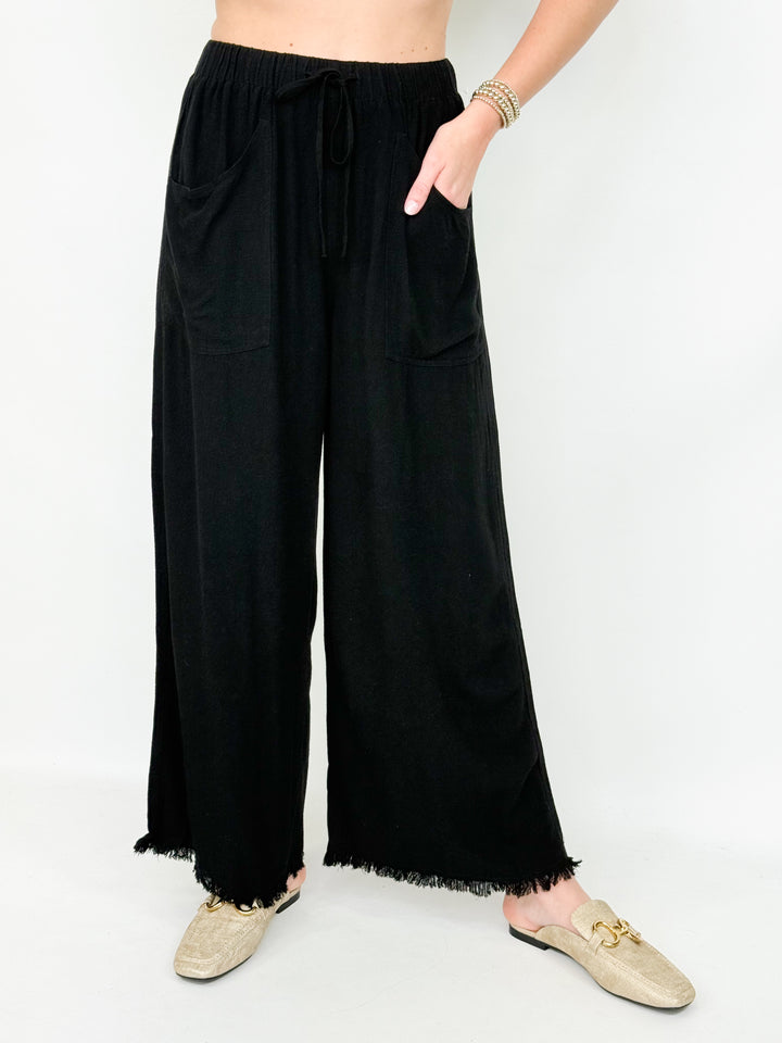 Kristen - Frayed Wide Leg Linen Blend Pant (Black)