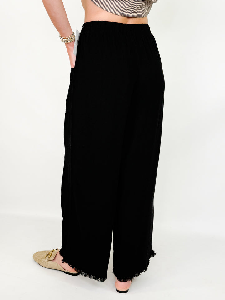 Kristen - Frayed Wide Leg Linen Blend Pant (Black)