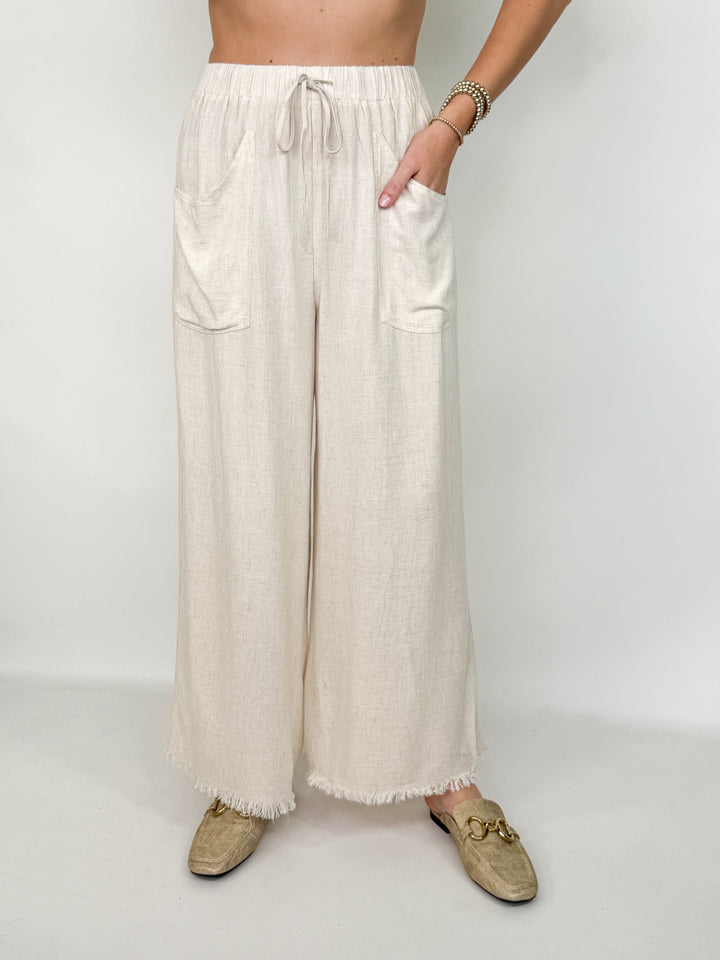 Kristen - Frayed Wide Leg Linen Blend Pant (Oatmeal)