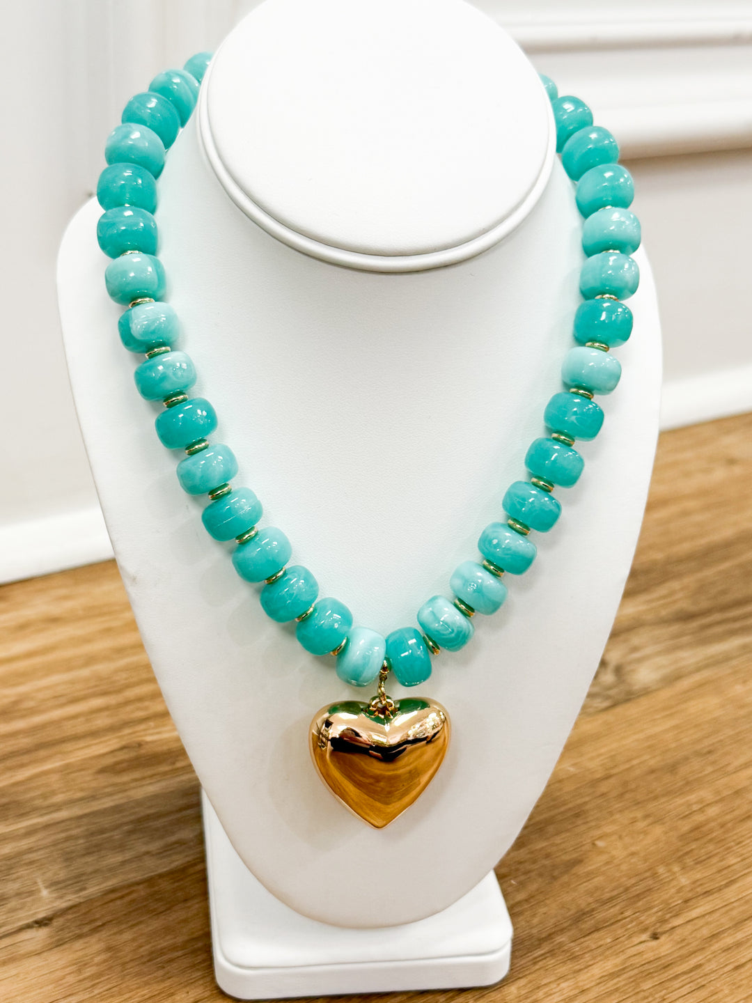Kelsea - Chunky Beaded Puffy Heart Necklace (Teal)