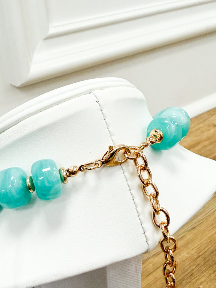 Kelsea - Chunky Beaded Puffy Heart Necklace (Teal)