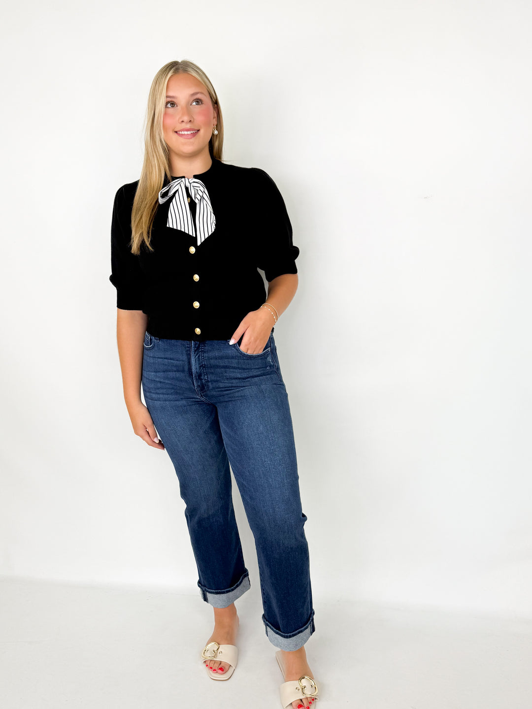 Tarah - Striped Bow Cardigan (Black)