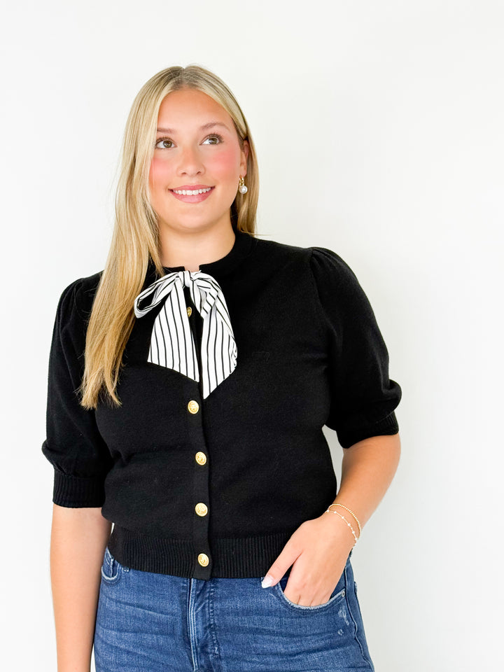 Tarah - Striped Bow Cardigan (Black)