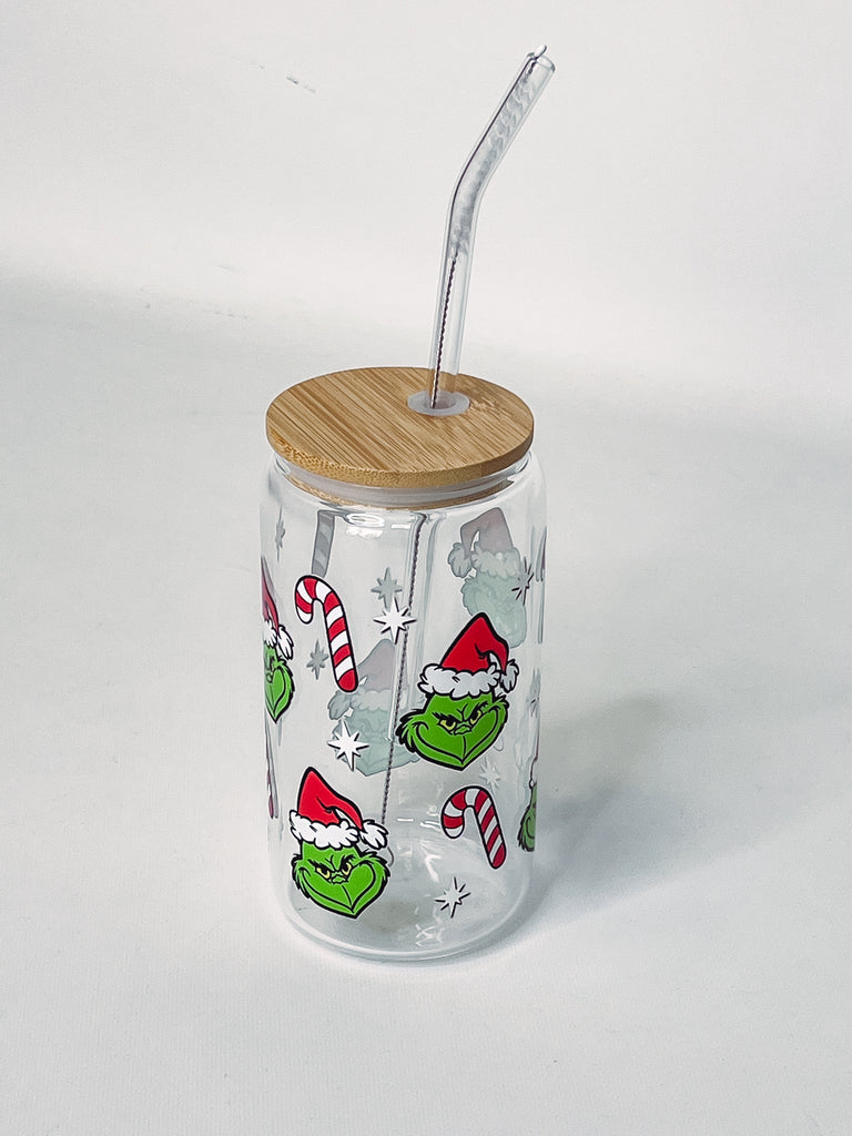 Grinch Drinking Glass 16 oz. - Grinch Face & Candy Cane