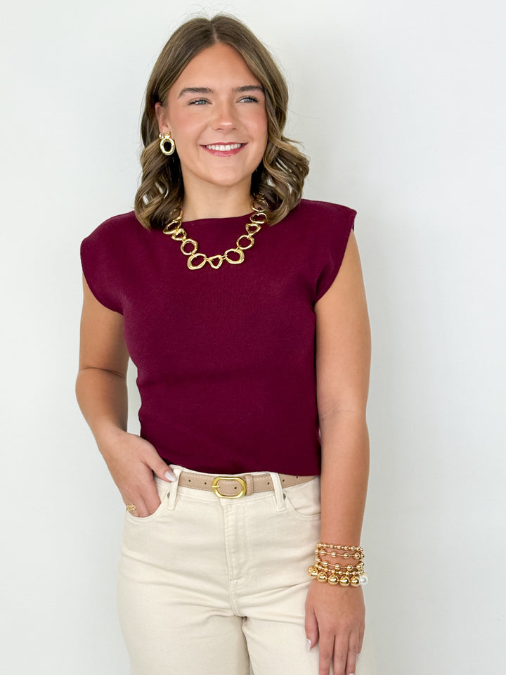 Tisha - Boat Neck Sleeveless Knit Top (Wine)