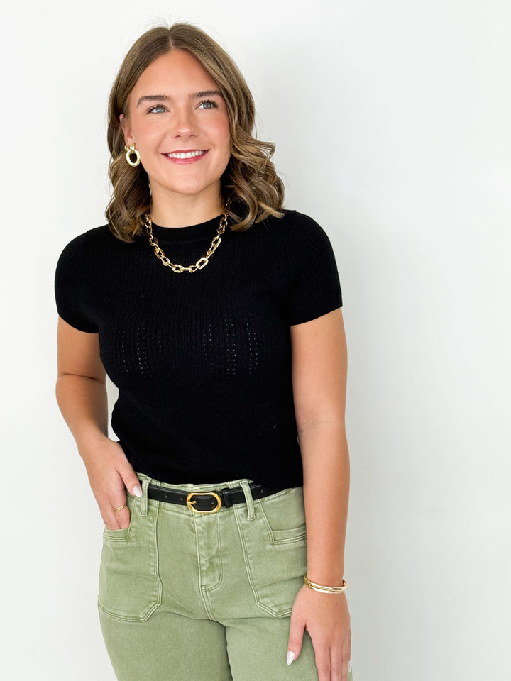Noelle - Black Pointelle Cable Knit Sweater