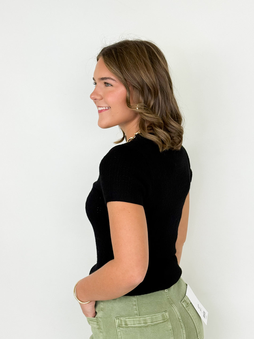 Noelle - Black Pointelle Cable Knit Sweater