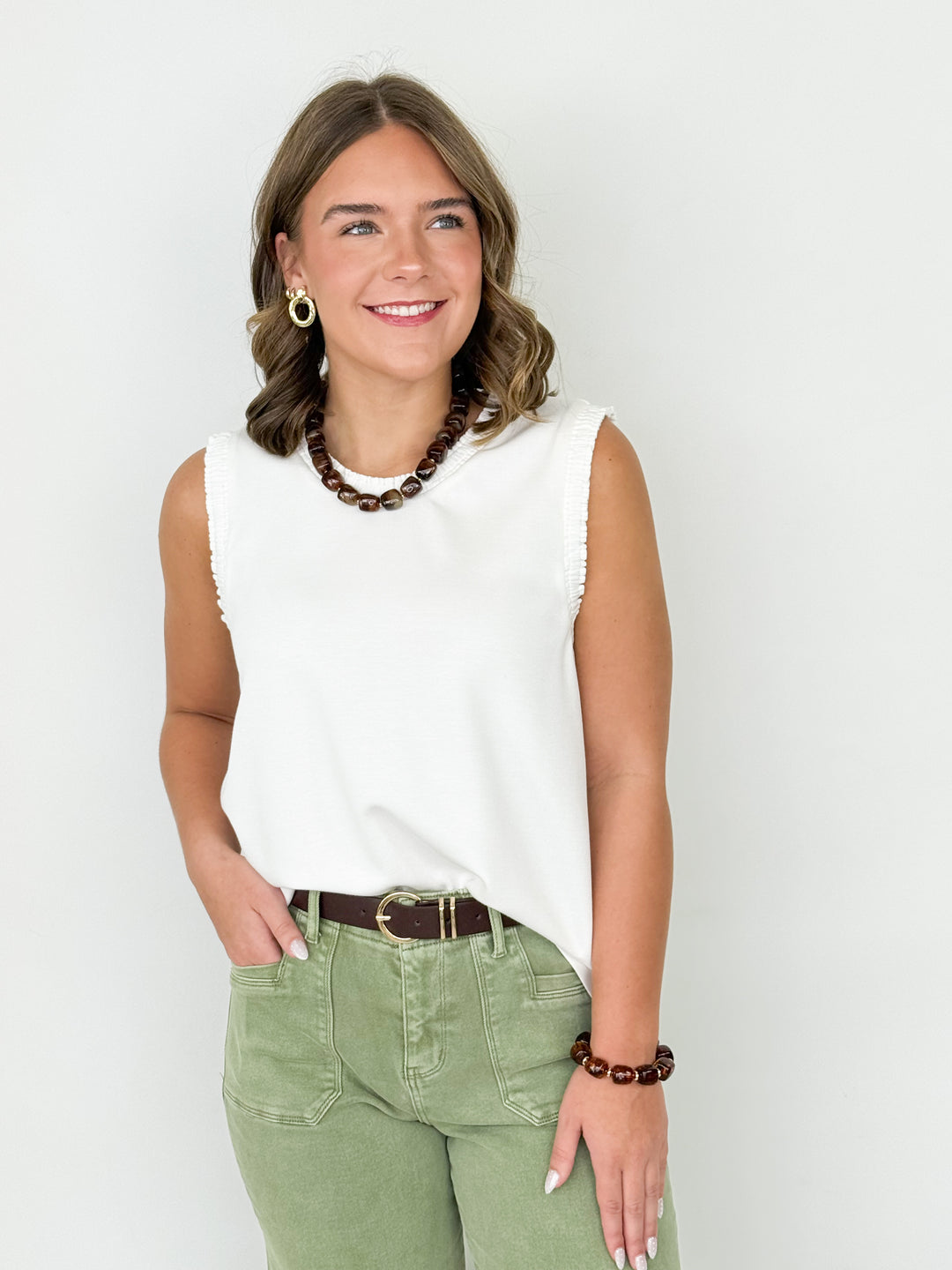 Carly - Smocked Edge Tank Top (White)