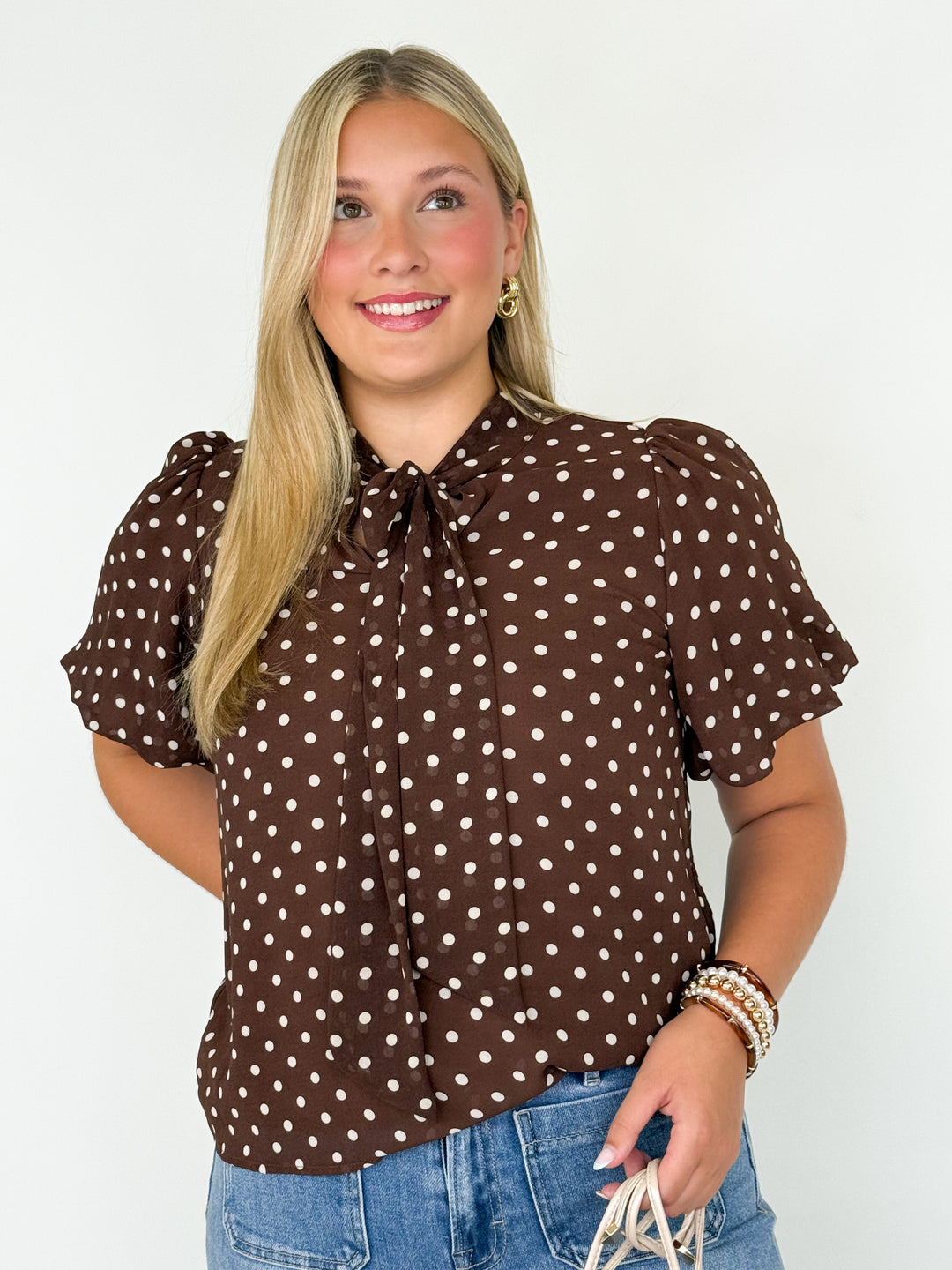 Mary - Brown Polka Dot Short Sleeve Blouse