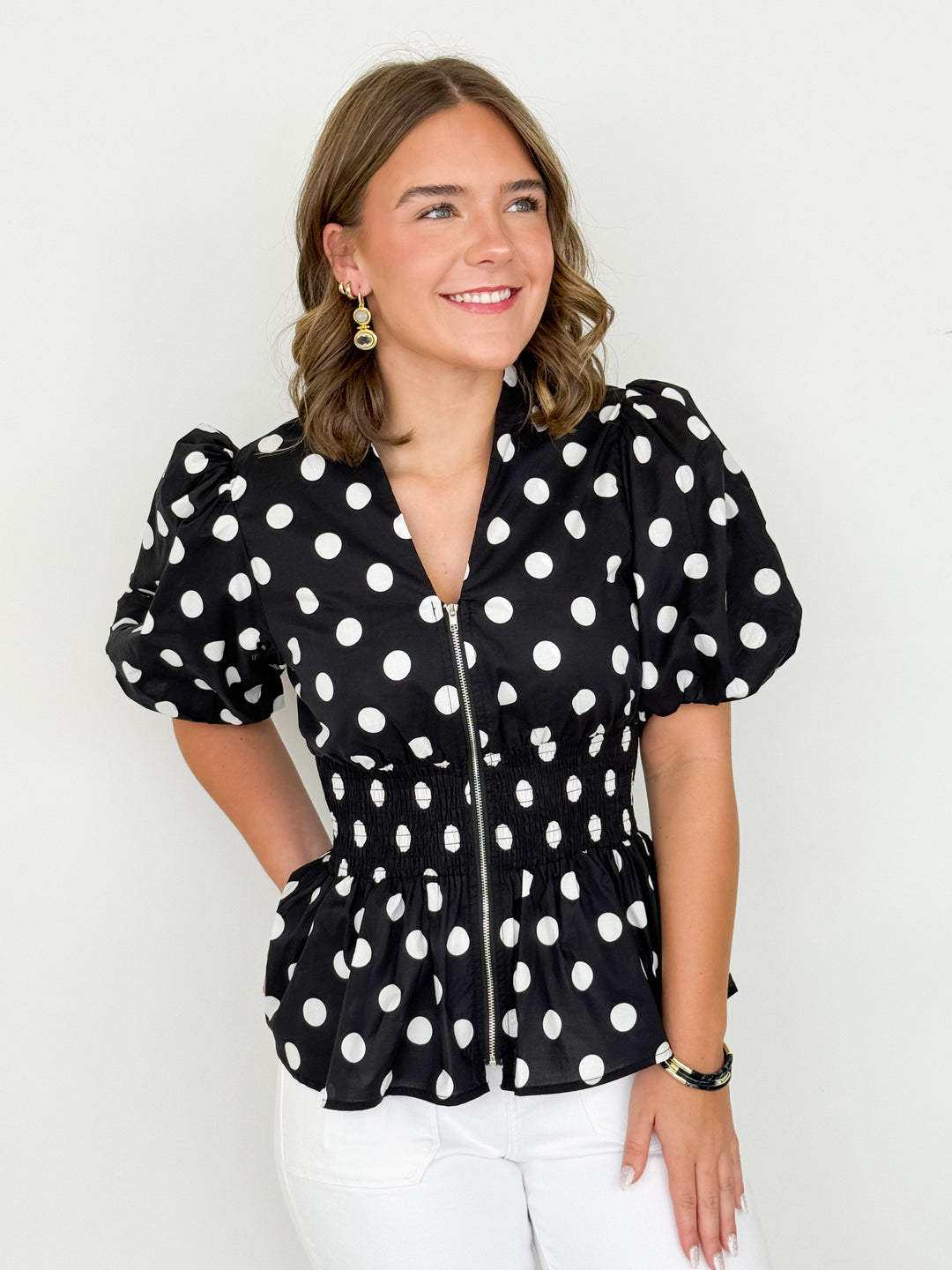 Liz - Polka Dot Smocked Waist Zip Up Blouse (Black)