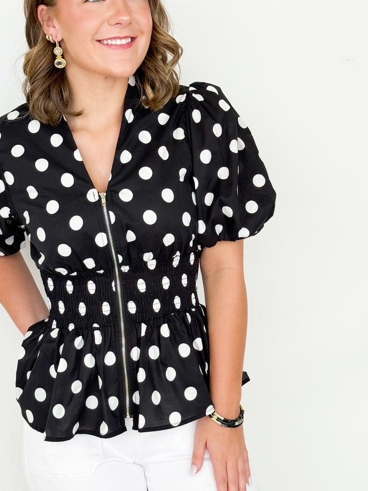 Liz - Polka Dot Smocked Waist Zip Up Blouse (Black)