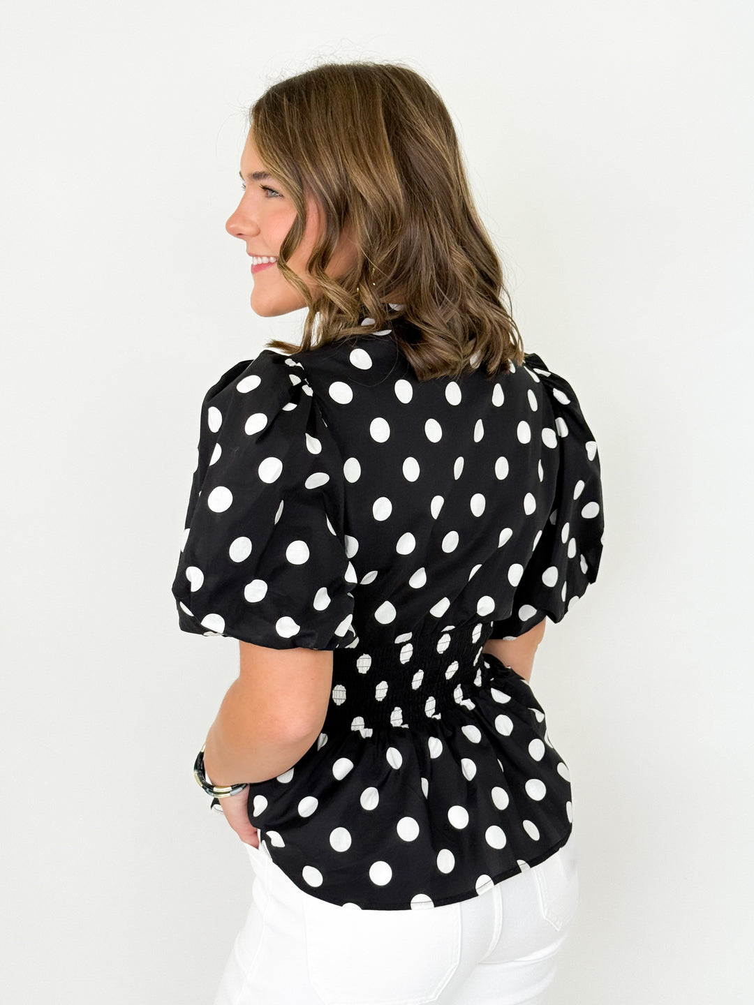 Liz - Polka Dot Smocked Waist Zip Up Blouse (Black)