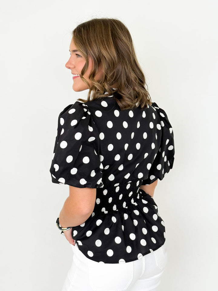 Liz - Polka Dot Smocked Waist Zip Up Blouse (Black)