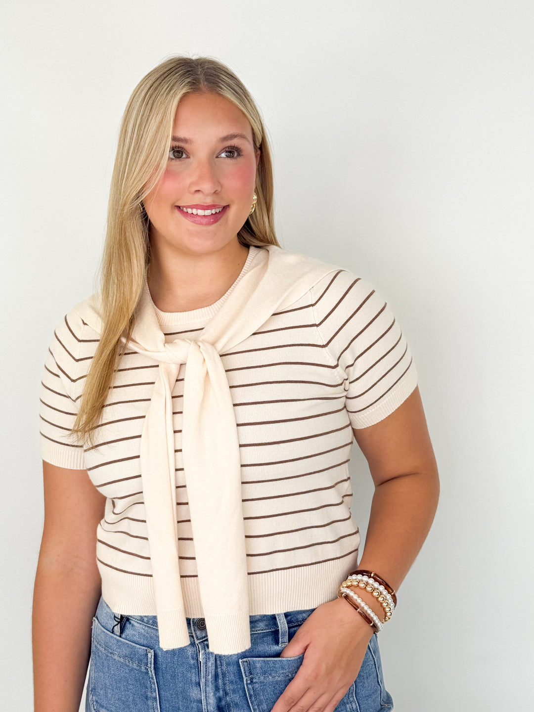 Leah - Striped Sailor Collar Top (Ecru)