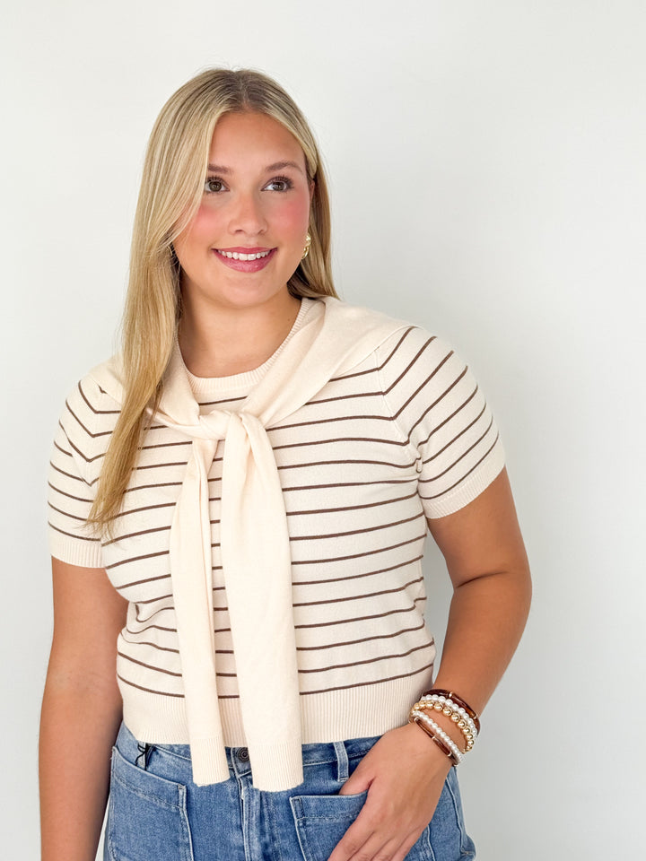 Leah - Striped Sailor Collar Top (Ecru)