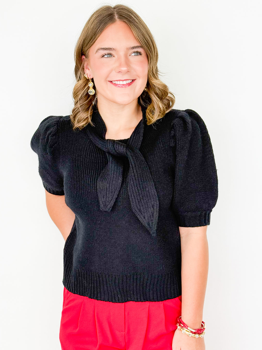 Anna - Black Tie Neck Knit Top
