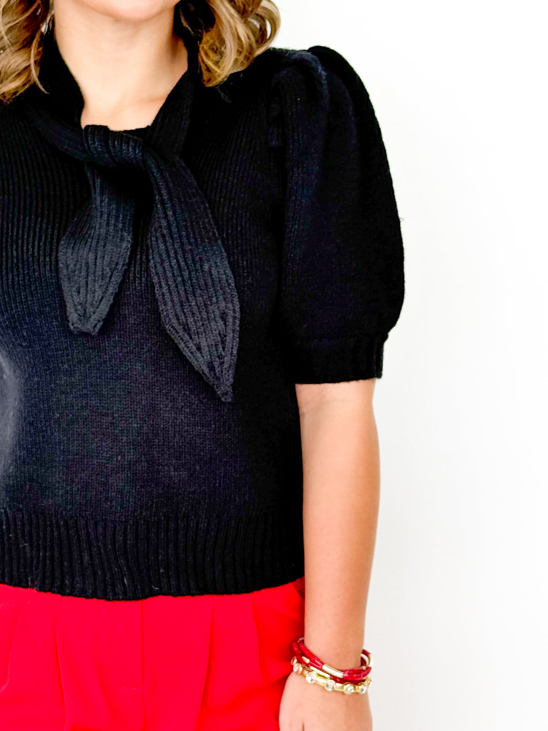 Anna - Black Tie Neck Knit Top