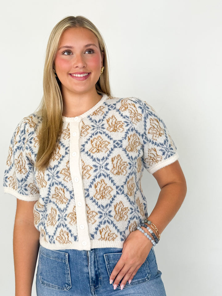 Millie - Floral Short Sleeve Cardigan (Ivory Blue)