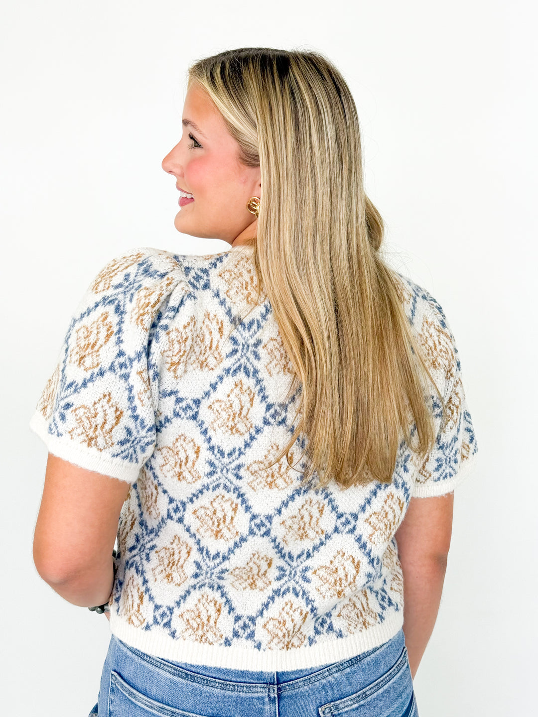 Millie - Floral Short Sleeve Cardigan (Ivory Blue)