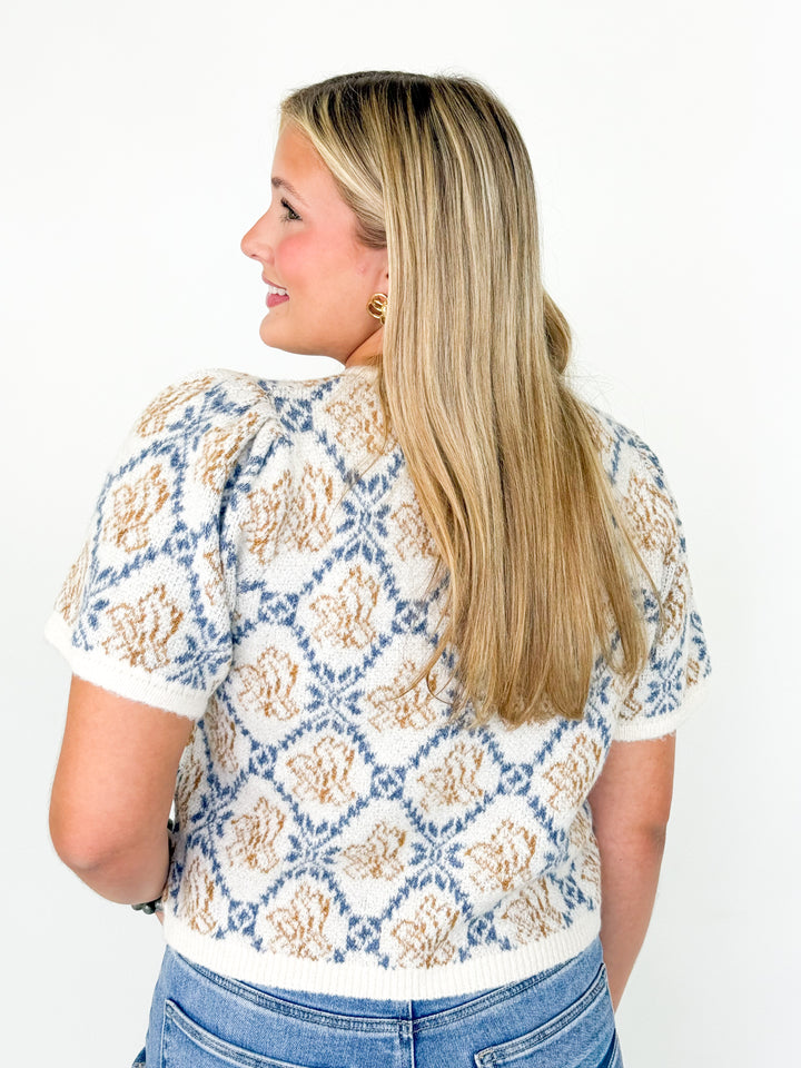 Millie - Floral Short Sleeve Cardigan (Ivory Blue)
