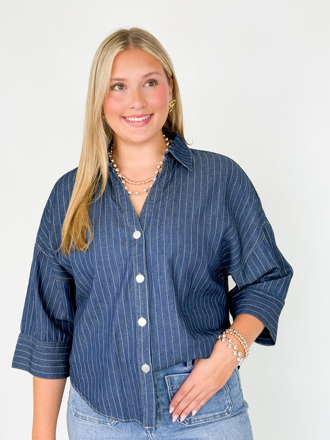 Belinda - Dark Denim Striped Button Down Blouse
